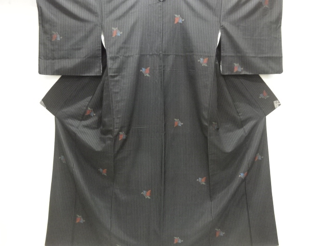 JAPANESE KIMONO / TSUMUGI / WOVEN STRIPE & BUTTERFLY